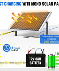 Off Grid 25W 12V Solar Battery Charger Kit with monocrystalline panel on adjustable mount, charging 12V 8Ah battery efficiently.