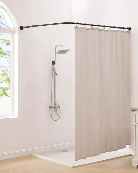 Big L Shaped Corner Shower Curtain Rod With Adjustable 90 Degree Curve, Beefy 0.8mm Thick Tube, 12 Hooks And Ceiling Support, Easy Install, Two Size Options For Flexible Fit, matte black rod in corner shower