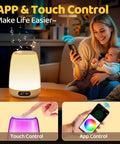Woman holding baby uses Smart App Controlled Night Light With Built In Sound Machine For Baby Nursery 48 RGB Colors 14 White Noise Sounds
