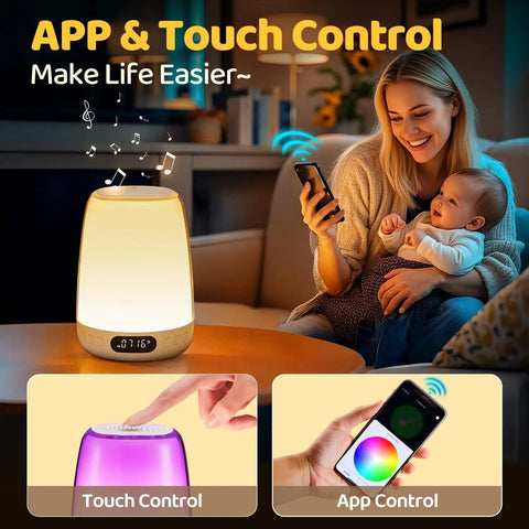 Woman holding baby uses Smart App Controlled Night Light With Built In Sound Machine For Baby Nursery 48 RGB Colors 14 White Noise Sounds