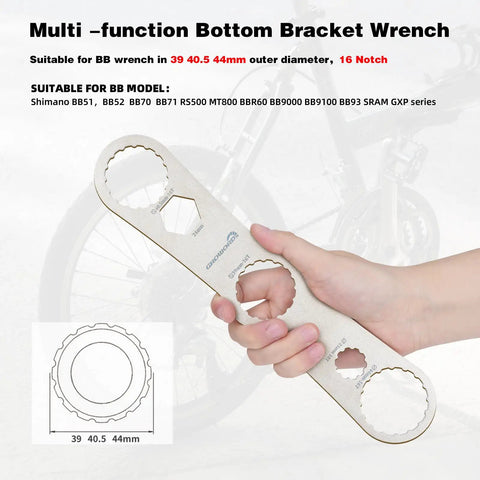Hand holding Multi Function Bottom Bracket Wrench Pro Grade Tool For 39 40 Point 5 44mm Outer Diameter 16 Notch Fits Shimano BB Series And SRAM GXP Bikes Be Your Go To Fix For Home Or Pro Shop Maintenance.