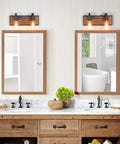 Farmhouse Vanity Sconce Lighting Fixture with Rustic Wall Lamp above bathroom mirrors, black matte steel and wood blend