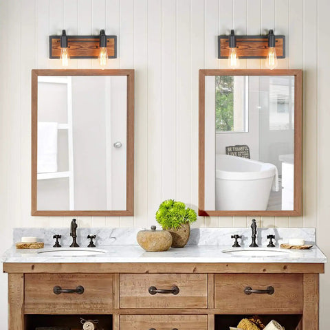 Farmhouse Vanity Sconce Lighting Fixture with Rustic Wall Lamp above bathroom mirrors, black matte steel and wood blend