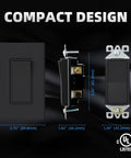 Matte Black 3 Way Decorative Light Switch With Wall Plate, 15 Amp, 120-277 Volt AC Rocker Paddle, side and front view
