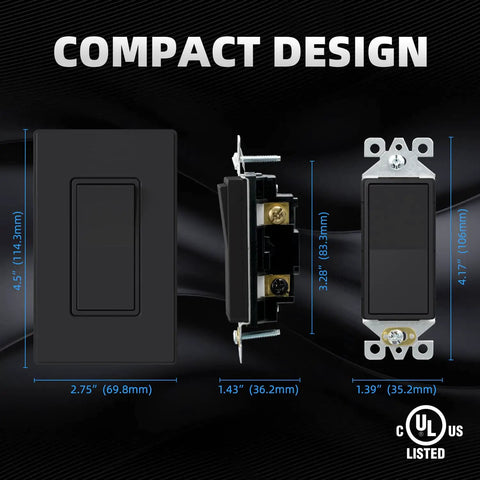 Matte Black 3 Way Decorative Light Switch With Wall Plate, 15 Amp, 120-277 Volt AC Rocker Paddle, side and front view