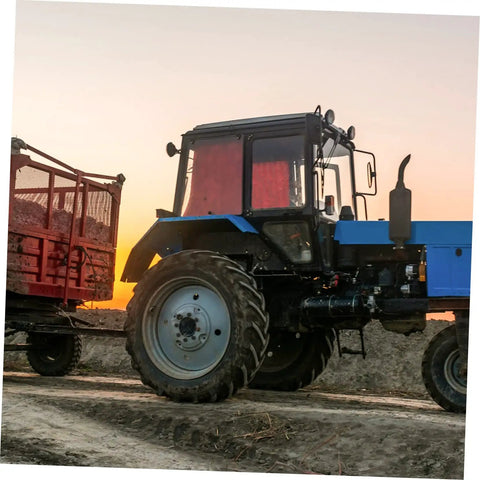 Heavy Duty Mechanical Trailer Brake Lever Replacement Handle For Rv And Travel Trailer Easy Swap Parking Brake Arm No Sweat Install Road Ready Control Essential Single Piece Kit. Blue tractor with front cab pulling red trailer at sunset.