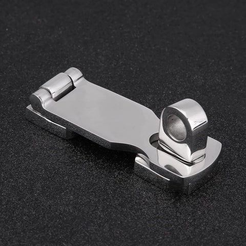 Close-up of stainless steel hatch fastener clamp for boats, 75mm anti-rattle locking mechanism, marine grade