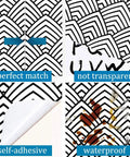 Black And White Peel And Stick Wallpaper With Geometric Chevron And Herringbone Pattern For Walls And Cabinets Self Adhesive Vinyl Decor Easy DIY Removable Modern Minimalist Home Remodel, showing close-up details of perfect match, non-transparency, self-adhesive backing, and waterproof feature.