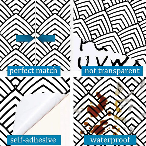 Black And White Peel And Stick Wallpaper With Geometric Chevron And Herringbone Pattern For Walls And Cabinets Self Adhesive Vinyl Decor Easy DIY Removable Modern Minimalist Home Remodel, showing close-up details of perfect match, non-transparency, self-adhesive backing, and waterproof feature.