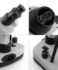 Trinocular Stereo Microscope With 7X To 45X Zoom, WF10X Eyepieces, Gooseneck LED Lighting And Transmitted Light, Pillar Stand, 110V Power Supply, Dope Clarity For Lab Work, Education And Hobby Projects close-up of eyepiece and base