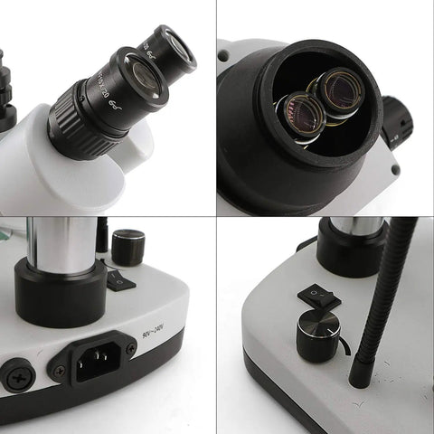 Trinocular Stereo Microscope With 7X To 45X Zoom, WF10X Eyepieces, Gooseneck LED Lighting And Transmitted Light, Pillar Stand, 110V Power Supply, Dope Clarity For Lab Work, Education And Hobby Projects close-up of eyepiece and base