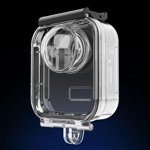 GoPro MAX2 Waterproof Dive Case With 50M Depth Rating, transparent PC shell, compatible with action cameras, shown on black background