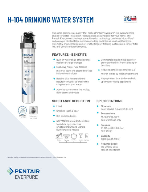 H-104 Quick-Change Filter Cartridge EV961211 for home drinking water system image with specifications and features details.