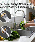 360 Degree Swivel Kitchen Faucet Aerator Replacement 2 Function Stream Spray Sprayer Attachment Water Saving Nozzle For 55 64 Inch Female Thread Sink Tap No Sweat Quick Swap Fix Made Easy with a woman washing vegetables.