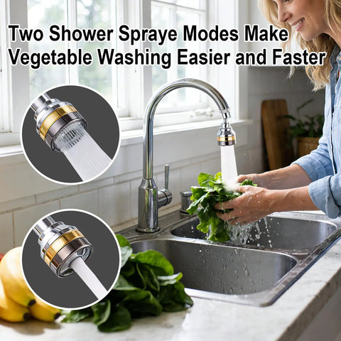 360 Degree Swivel Kitchen Faucet Aerator Replacement 2 Function Stream Spray Sprayer Attachment Water Saving Nozzle For 55 64 Inch Female Thread Sink Tap No Sweat Quick Swap Fix Made Easy with a woman washing vegetables.