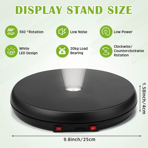 360 Degree Motorized Rotating Display Stand Turntable With Built-In LED Lighting For Jewelry And Photography Products Electric Base USB Powered Smooth Rotation Showpiece Spinner 10 Inch Capacity size and features infographic