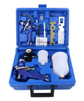 Hella Smooth Finish Guaranteed Dual Nozzle HVLP Gravity Feed Spray Gun Set With Locking Air Pressure Regulator Gauge in blue case.