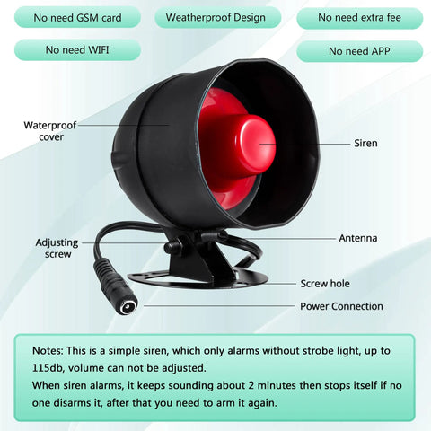 Standalone Home Office Security Alarm Kit With Wireless Loud Indoor Outdoor Weatherproof Siren featuring key components and design