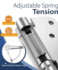 Beefy 4 Inch Self Closing Door Hinges Set of 2 With Spring Action and One Quarter Inch Radius Corners showing adjustable spring tension