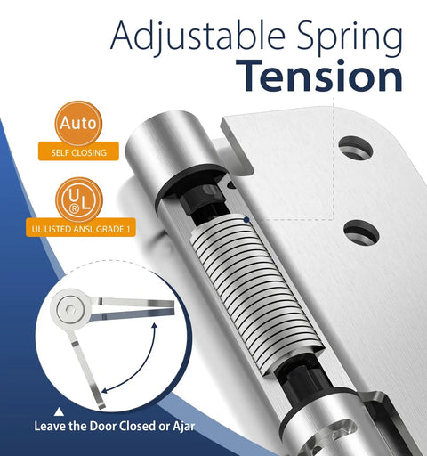 Beefy 4 Inch Self Closing Door Hinges Set of 2 With Spring Action and One Quarter Inch Radius Corners showing adjustable spring tension