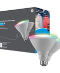 Cync Outdoor PAR38 Flood Smart LED Bulbs With WiFi, Color Changing, Pack of 2, shown with packaging and color display