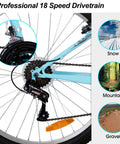 Close-up of Trail Ready 26 Inch Mountain Bike showing drivetrain, V-brakes, and terrain suitability for snow, mountain, and gravel