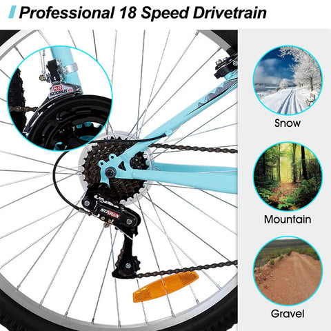 Close-up of Trail Ready 26 Inch Mountain Bike showing drivetrain, V-brakes, and terrain suitability for snow, mountain, and gravel