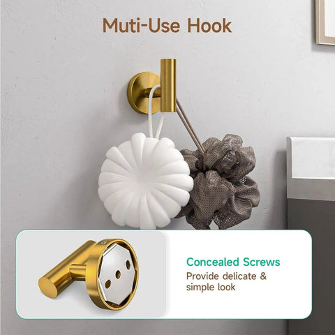 Brushed Gold 4 Piece Bathroom Hardware Set With 18 Inch Towel Bar And Toilet Paper Holder Wall Mounted SUS304 Stainless Steel Durable Bath Accessories Kit For Modern Homes multi-use hook with concealed screws
