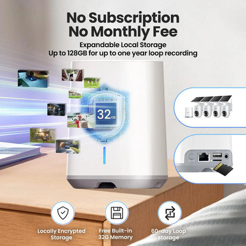 Base unit of 4 Camera Solar Powered Outdoor Wireless Security Kit with No Subscription, showcasing local storage capability.