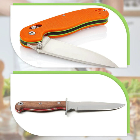 G10 Knife Handle Spacer Sheets 10 Pack For DIY Knife Scales Slabs with colorful layers and wooden handle example.