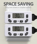 Two Pack 24 Hour Programmable Digital Outlet Timer With On Off Program LCD Display Mini Indoor Plug In 125V 15A in use