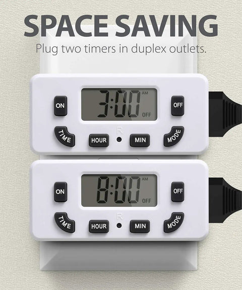 Two Pack 24 Hour Programmable Digital Outlet Timer With On Off Program LCD Display Mini Indoor Plug In 125V 15A in use