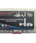Heavy Gauge PP Plastic Screw Assortment Kit With M3 M4 M5 Metric Phillips Pan Fasteners Hex Nuts Washers 470 Piece in clear case.
