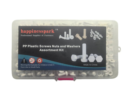 Heavy Gauge PP Plastic Screw Assortment Kit With M3 M4 M5 Metric Phillips Pan Fasteners Hex Nuts Washers 470 Piece in clear case.