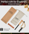 Go To Survival Flint And Steel Fire Starter Kit with cerium iron rod and walnut handle, shown with packaging for hiking and camping.