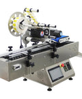 Heavy Duty Fully Automatic Desktop Conveyor Roller Horizontal Labeling Machine For Round Bottles Cans And Wine featuring rotary label dispenser and control panel.