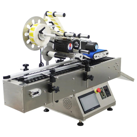Heavy Duty Fully Automatic Desktop Conveyor Roller Horizontal Labeling Machine For Round Bottles Cans And Wine featuring rotary label dispenser and control panel.