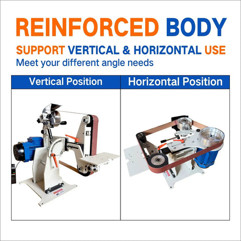 Tough As Nails 2X72 Belt Grinder Sander with reinforced body shown in vertical and horizontal positions for versatile use.