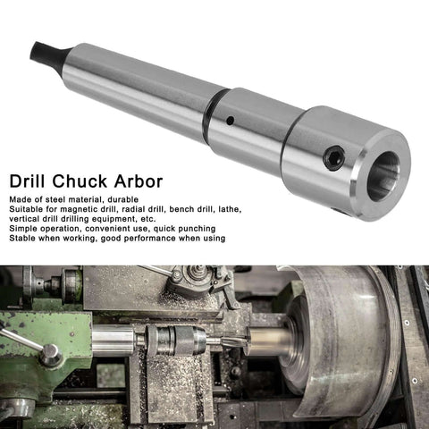 Drill chuck arbor MT3 to 3/4 in Weldon shank; steel extension adapter for magnetic, radial, bench, lathe drills.