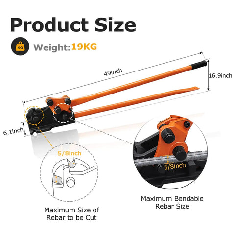 Loschen Manual Rebar Cutter And Bender for Construction Site Use with dimensions 49x6.1x16.9 inches, cutting 5/8 inch rods.