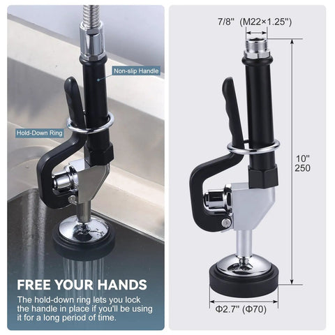 Pro Workhorse Commercial Sink Sprayer Head Drops Raw Pressure For Lightning Fast Rinse Downs And Stubborn Grease Removal Over Standard Kitchen Faucet Threads, featuring a non-slip handle and hold-down ring.