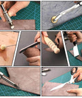 TLKKUE leatherworking tools kit by Amazon including stamping wheel, skiving knife, edge beveler, and scissors.