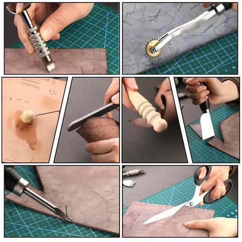 TLKKUE leatherworking tools kit by Amazon including stamping wheel, skiving knife, edge beveler, and scissors.