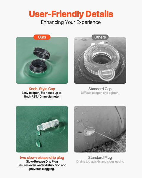 Comparison of knob-style cap and standard cap on Tree Watering Bag Set Slow Release 4 Pack 20 Gallons Watering Rings