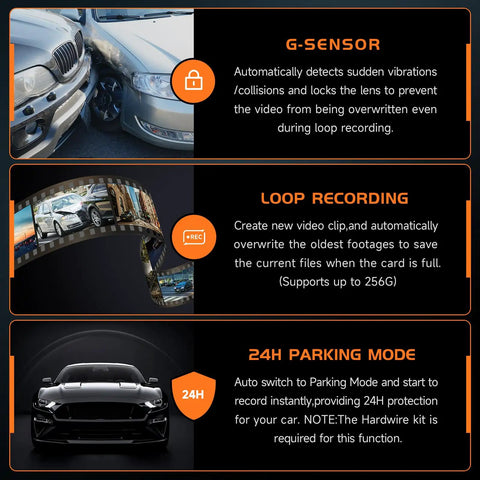 Image of 2.5K Front Dash Cam features: GSensor detection, Loop Recording, 24 Hour Parking Mode for vehicle protection.