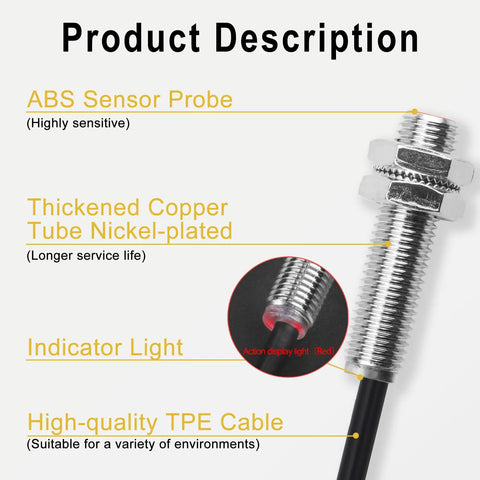 M8 Inductive Proximity Sensor Switch with nickel-plated copper tube, ABS sensor probe, indicator light, high-quality TPE cable