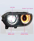 Close-up of LED Headlights For Dodge Challenger 2008 2014 Full Projector Headlamps with Halo White DRL and Amber Turn Signals