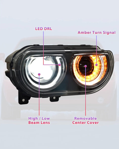 Close-up of LED Headlights For Dodge Challenger 2008 2014 Full Projector Headlamps with Halo White DRL and Amber Turn Signals
