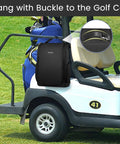 Spacious Golf Shoe Bag For Men With A Large Horseshoe Opening That Makes Shoe Stuffing A Breeze, attached to a golf cart