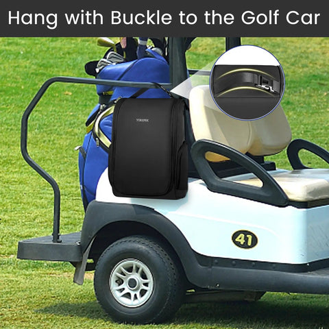 Spacious Golf Shoe Bag For Men With A Large Horseshoe Opening That Makes Shoe Stuffing A Breeze, attached to a golf cart